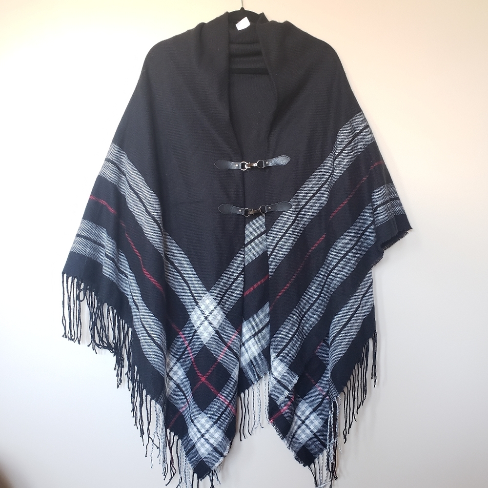 Black, Red, & White Plaid Poncho Sweater